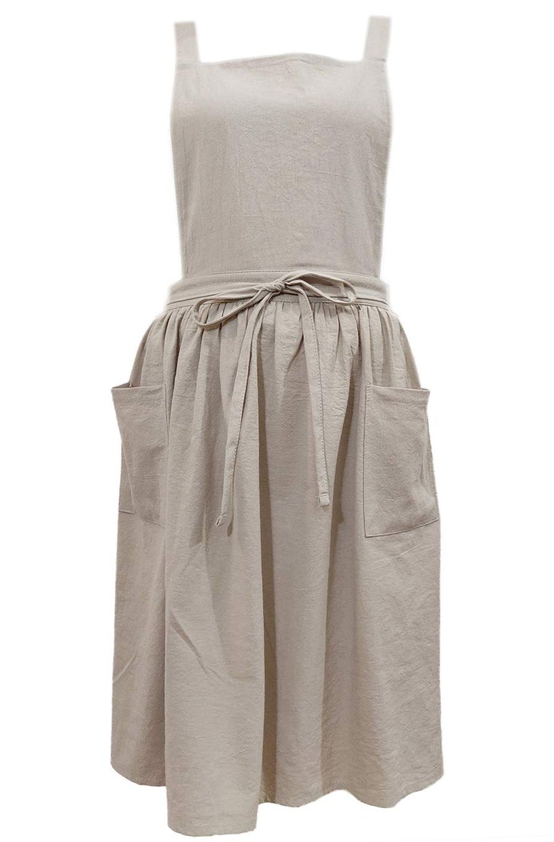 losofar Women Girls Vintage Apron Adjustable Gardening Works Cross Back Cotton/Linen Blend Aprons Pinafore Dress with Two Pockets (beige, one size) - Image 1